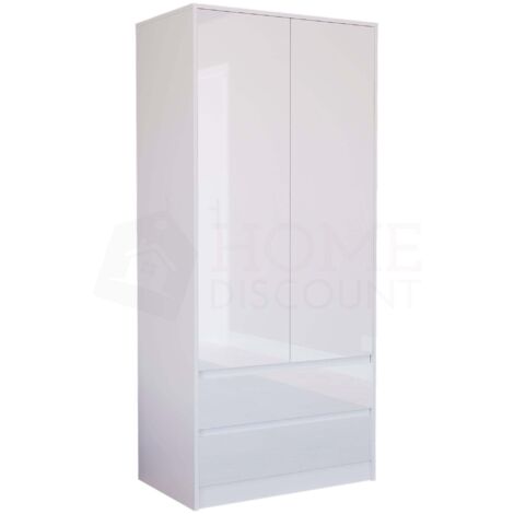 Glinton 2 Door 2 Drawer Wardrobe High Gloss With Hanging Rail & Storage Shelf, 100% FSC, White