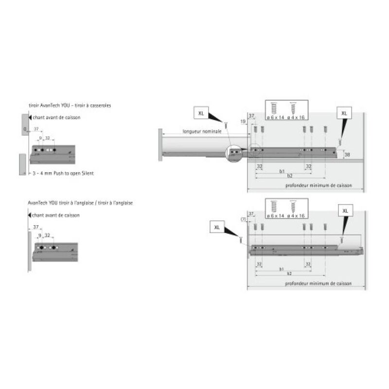 Coulisses Actro you Silent System 40 kg - longueur 350 mm Hettich