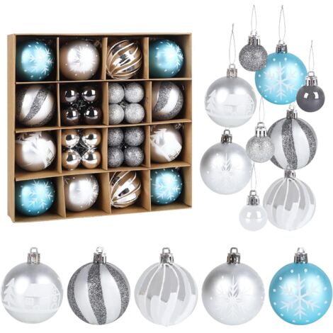 Glitter Christmas Balls, 44Pcs Christmas Tree Decorations Shatterproof Christmas Balls Blue and Silver Shatterproof Christmas Balls for Hanging