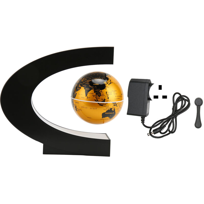 Globe Magnétique Lévitation Doré avec LED Intégrée Texture Givrée Support en C 3 Pouces Alimentation 12V 1A Décoration Bureau UK Plug 100‑240V
