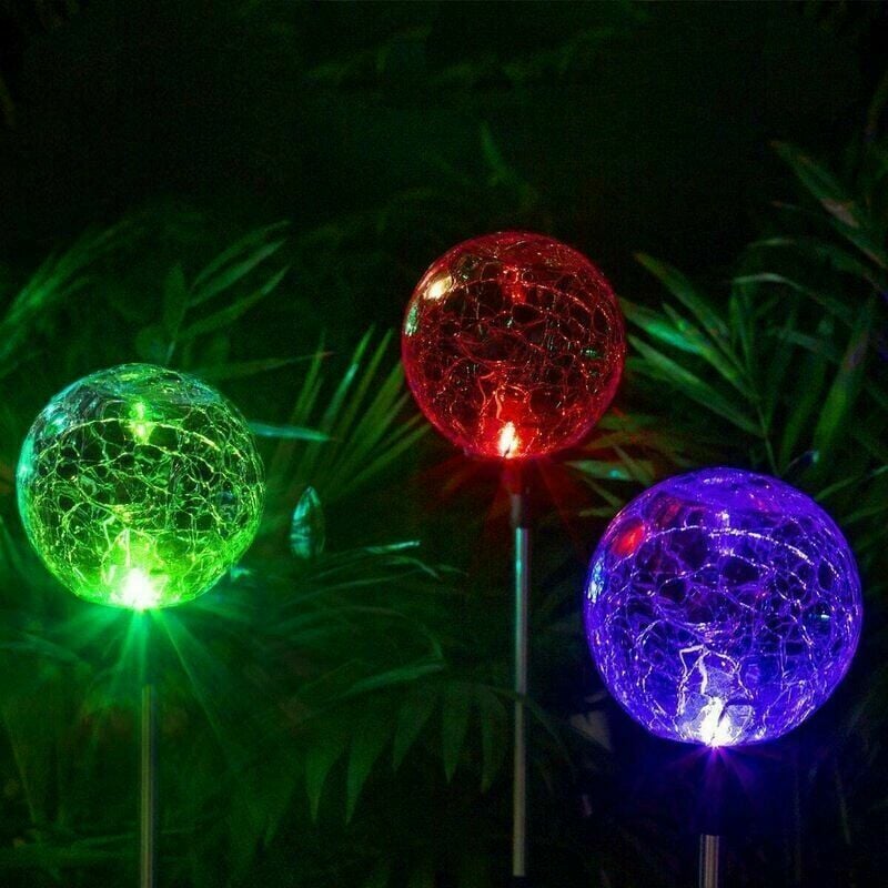 Globe solaire extérieur lumineux, avec double led dans une boule de verre fissuré. Change de couleur pour une décoration lumineuse de jardin et de