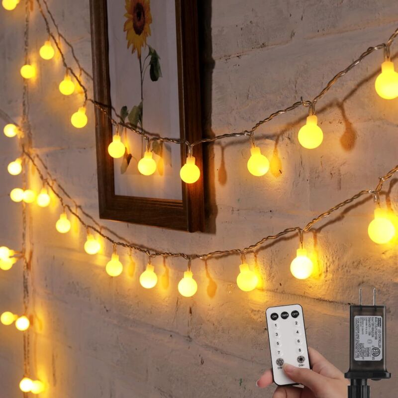 Globe String Lights, 33 pieds 100 led Fairy Lights Plug in, 8 modes avec télécommande Mini Globe Lights Blanc chaud mns