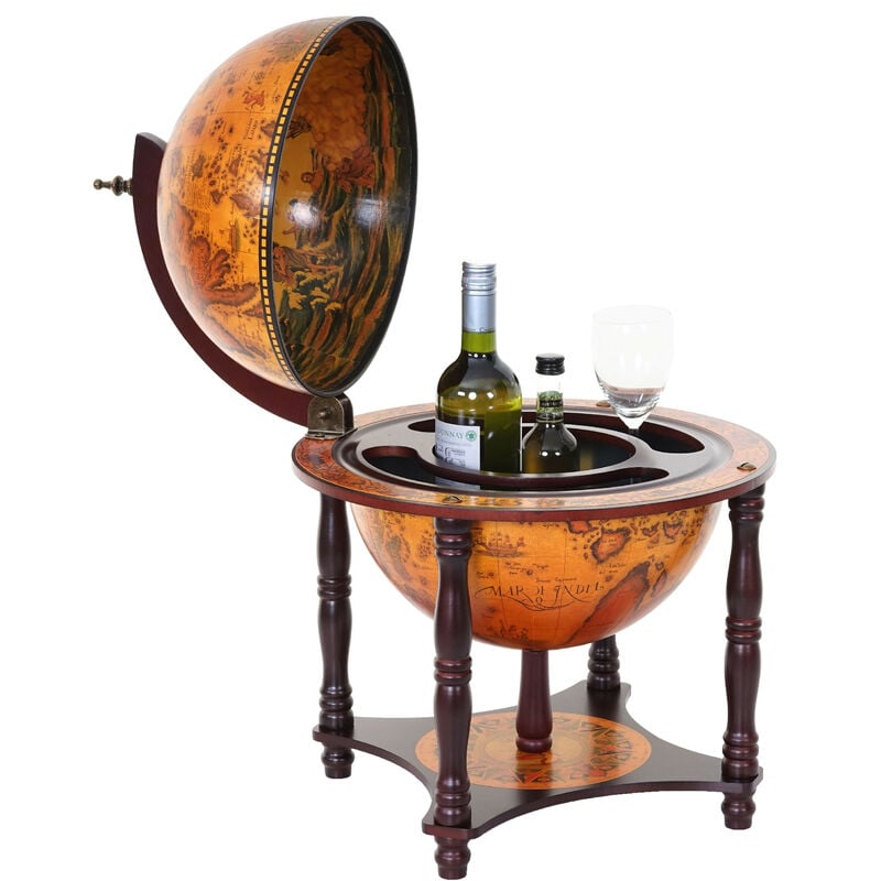 Mendler - Globe terrestre, bar de salon HWC-T874, minibar, bois d'eucalyptus