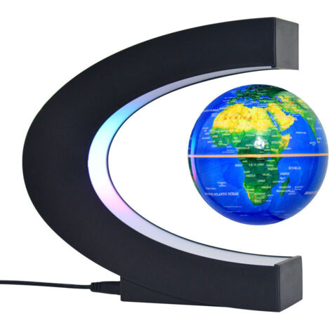 Globe terrestre flottant Maglev de 3 pouces avec base en forme de C et lumières LED pour la décoration de bureau à domicile (bleu, prise UE)