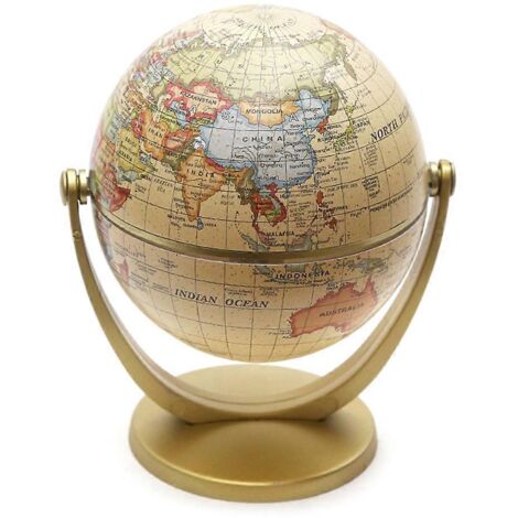 Globe terrestre vintage en anglais avec socle, carte du monde décorative.