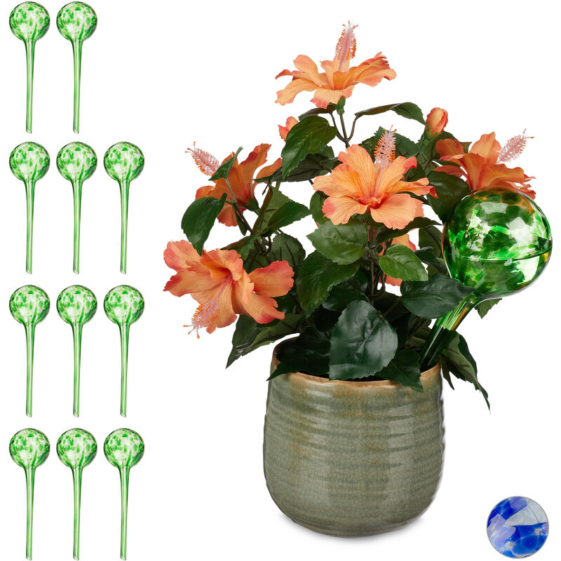 Globes d'arrosage lot de 12, Distributeur eau plantes et fleurs, outil de bureau, ø 9 cm, verre, vert - Relaxdays