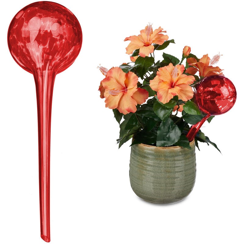 Relaxdays - Globes d'arrosage lot de 2, Distributeur eau plantes et fleurs, outil de bureau, ø 9 cm, verre, rouge