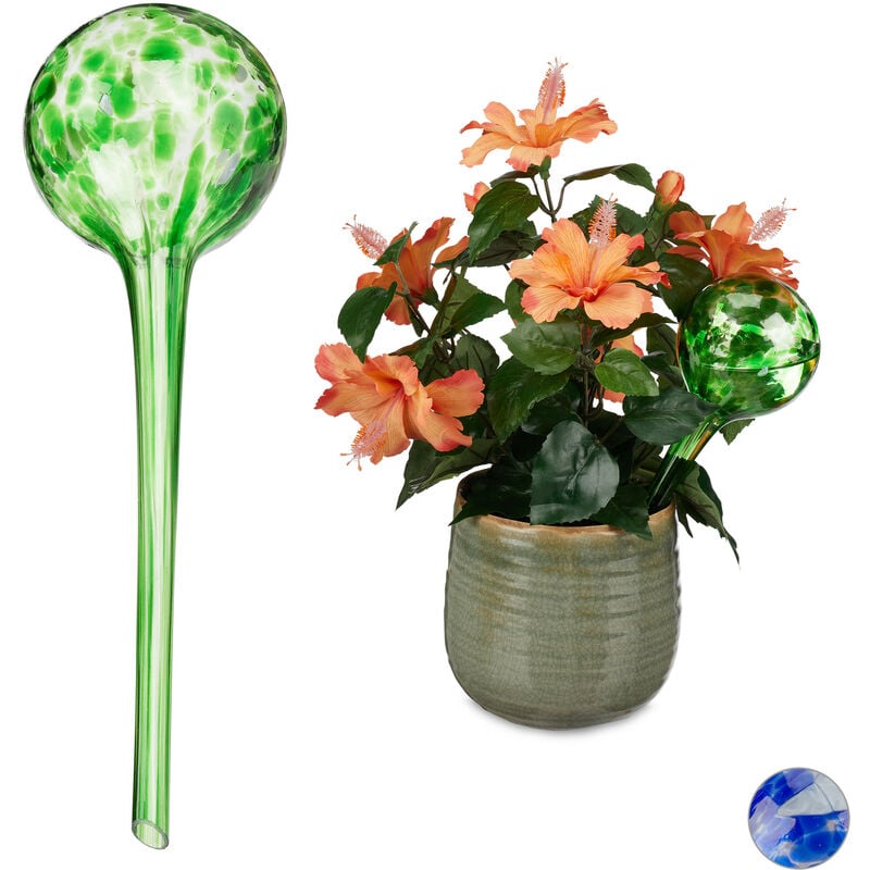 Globes d'arrosage lot de 2, Distributeur eau plantes et fleurs, outil de bureau, ø 9 cm, verre, vert - Relaxdays