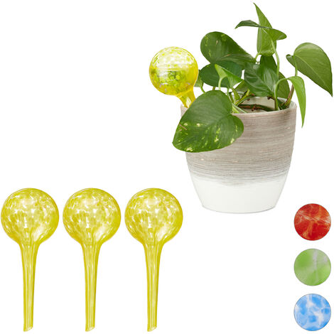 Globes d'arrosage, lot de 4, distributeur eau, irrigation plantes et fleurs, outil de bureau, Ø 6cm, 75 ml, verre, jaune