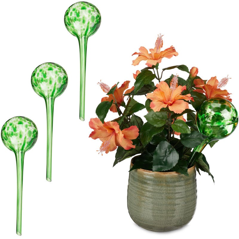Globes d'arrosage lot de 4, Distributeur eau plantes et fleurs, outil de bureau, ø 9 cm, verre, vert - Relaxdays