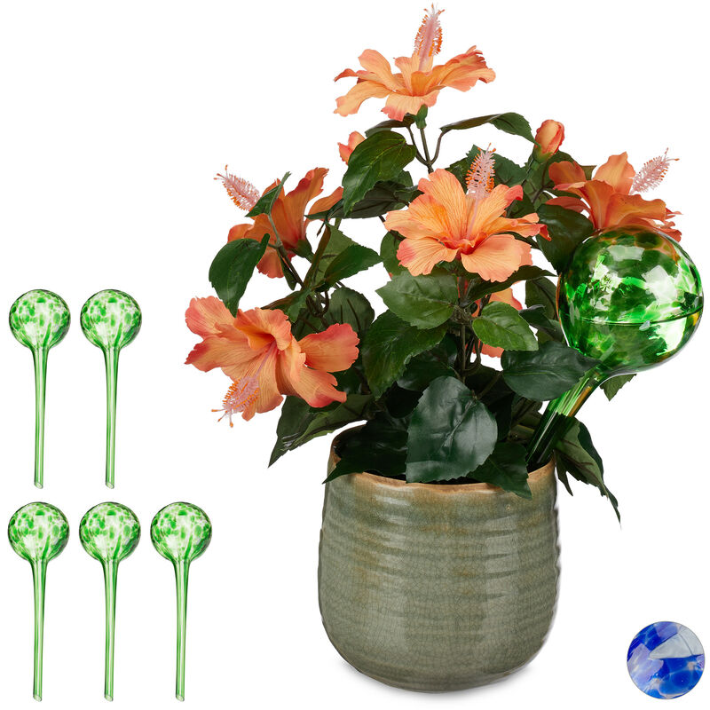 Globes d'arrosage lot de 6, Distributeur eau plantes et fleurs, outil de bureau, ø 9 cm, verre, vert - Relaxdays