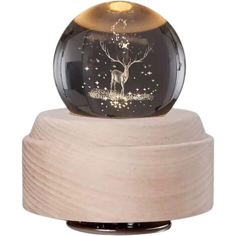Globo di neve musicale natalizio con vortice di glitter, renna Rudolph, sfera di cristallo con supporto in legno, lampada a LED, luce notturna, decorazione per la casa, compleanno
