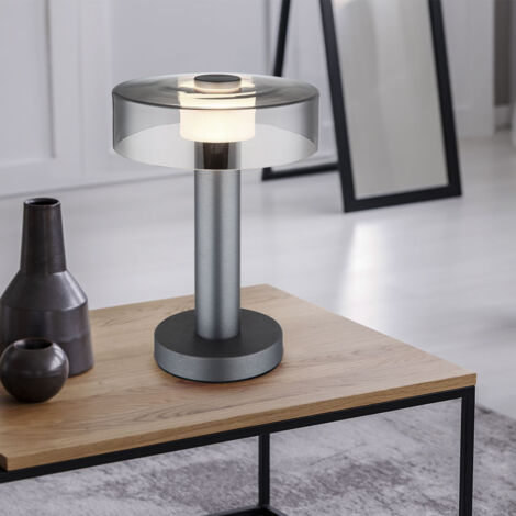 Globo Grant Lampe de table LED intégrée, abat-jour en verre fumé gris mat, LED 3000 K