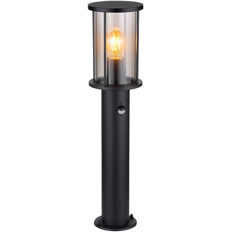 Lampadaire, éclairage de chemin, lampe de jardin, lampe d'extérieur, métal, noir, verre, fumée, détecteur de mouvement, acier inoxydable, 1x E27, h