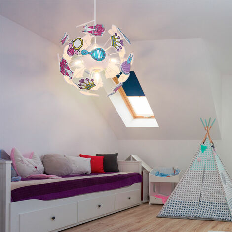 Globo – Lampe à suspendre chambre d'enfant – Motifs châteaux et couronnes – Plastique multicolore – 4x E14 – Diamètre 35 cm, Hauteur 120 cm - DXH 35 X