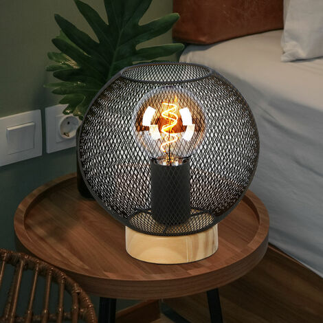 Globo – Lampe de table vintage en bois et métal noir – Douille E27 – Diamètre 20 cm – Design industriel avec optique de grille – Classe de protection 2