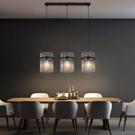 Globo – Lampe suspendue métal noir – Tiges de verre fumé – 3 ampoules E27 – Dimensions L 80 cm x l 20 cm x H 140 cm – Classe IP20