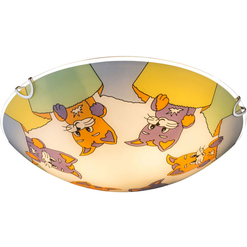 Globo - Plafonnier pour enfant, luminaire pour chambre d'enfant, motif animaux, chat, verre, 2 ampoules E27, DxH 30 x 6,5 cm