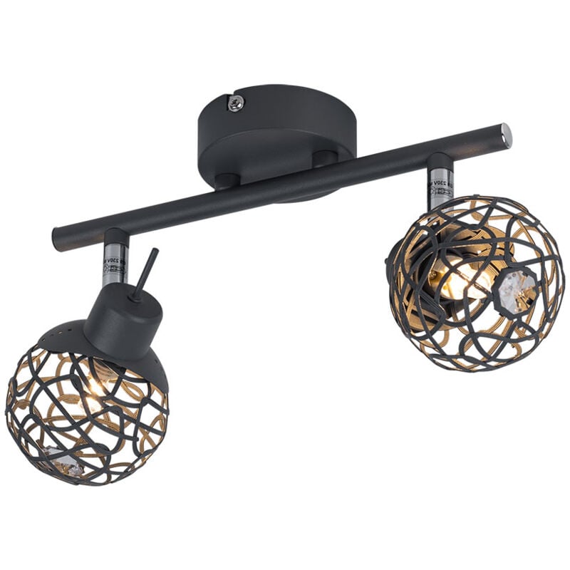 Plafonnier, 2 flammes, plafonnier en aluminium, design salle à manger, grillage aluminium gris, design cristal, spots orientables, 2x G9 33W 350lm,