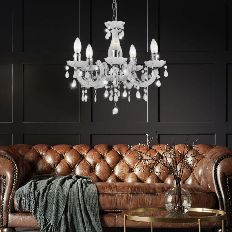 Lustre cristaux blanc suspension lampe suspension 5 flammes lampe cristal chrome, rideaux cristal, 5x E14, DxH 44x128 cm