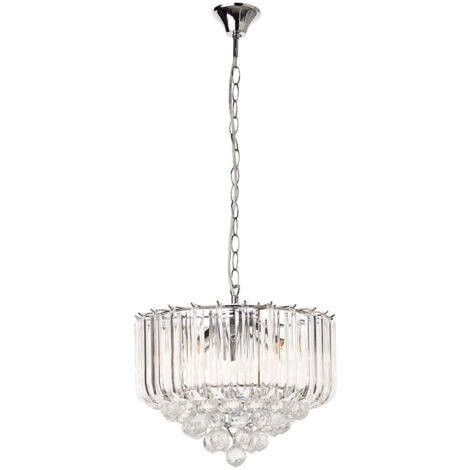 Globo – Suspension plafonnier chrome 4x E14 – Matériau métal et cristaux acryliques – IP20 – Hauteur 90 cm – Diamètre 35 cm – Tension 220-240V