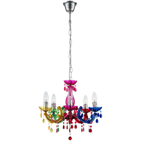Globo – Lustre suspendu acrylique chrome coloré 5xE14 40W – Hauteur 1280mm – Diamètre 440mm – Éclairage salle à manger – 631185