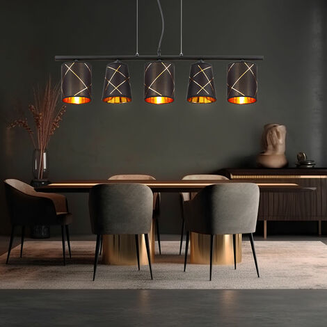 Globo – Lustre suspendu noir et doré 5 flammes – Abat-jour en métal et acrylique – Dimensions LxH 90x140 cm – Prise 5x E14