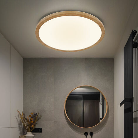 Globo – Plafonnier salle de bain dimmable aspect bois clair – Rétroéclairage – 1x LED 18W 1600Lm blanc chaud – IP44 – DxH 29,4x2,5 cm