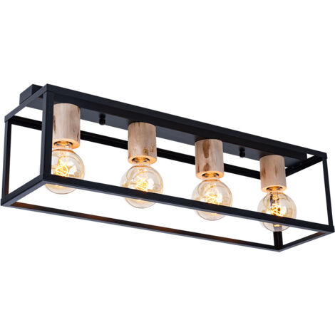 Globo – Plafonnier vintage noir en métal et bois naturel – 4 douilles E27 – Dimensions 75x20x22,5 cm – Éclairage pour salon et salle à manger – 154764D