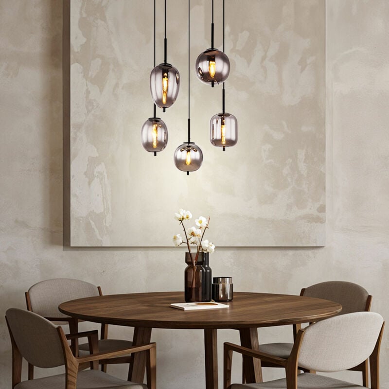 Globo - Lampe à suspension lampe de table à manger lampe à suspension en verre fumé lampe de salon 5 flammes, métal noir, 5x E14, DxH 57,5x150 cm