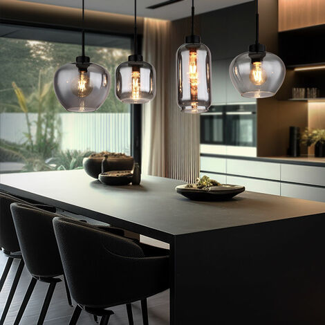Globo – Suspension en verre fumé 4x E27 – Lampe de salle à manger métal noir – Dimensions 99,5x24x120 cm – Classe IP20
