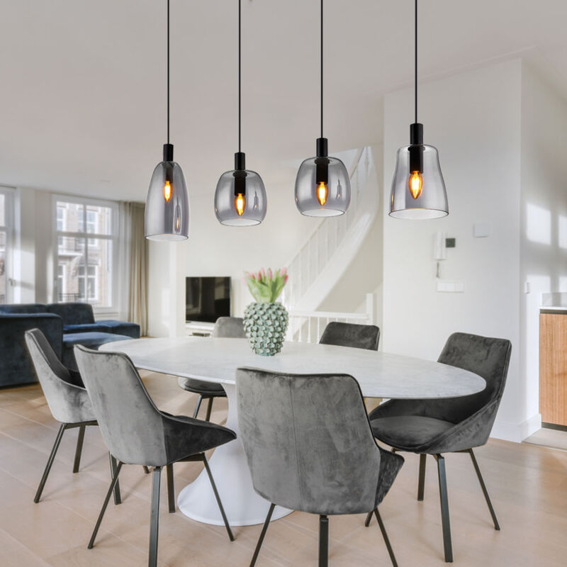 Suspension, 4 flammes, lampe de table à manger, verre fumé, lampe de salon, suspension, noir, métal, 4x E14, LxH 107x120 cm
