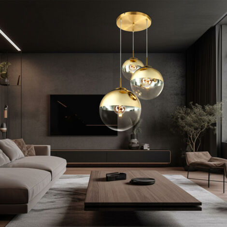 Globo – Suspension en métal et verre doré 3 flammes – Boules de verre 20-30 cm – IP20 – 3x E27 – Dimensions 51x120 cm