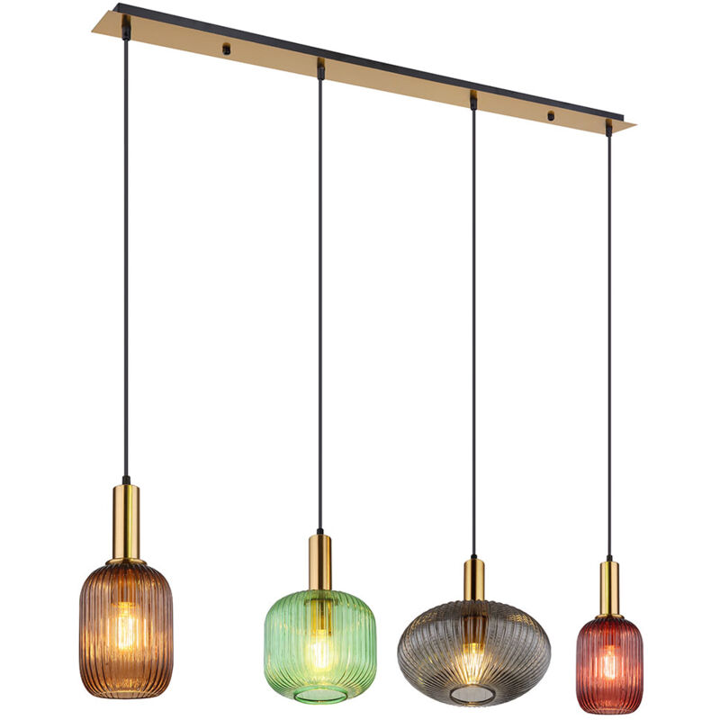 Globo - Lampe à suspension, lampe de salle à manger, 4 lampes, lampe design rétro, abat-jour en verre coloré, métal, laiton noir, 4x E27, LxPxH
