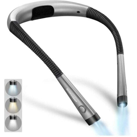 SUNXURY Glocusent Wiederaufladbares Leselicht zum Umhängen, Leselampe fürs Bett, 3 Farben, 6 Helligkeitsstufen, biegbare Arme, lange Akkulaufzeit, perfekt zum Lesen, Stricken, Reparieren [C]