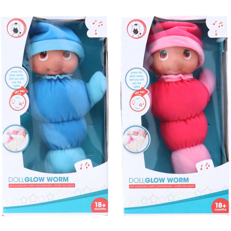 Gloeiworm Knuffelpop + luce e gel 28 cm assortiti