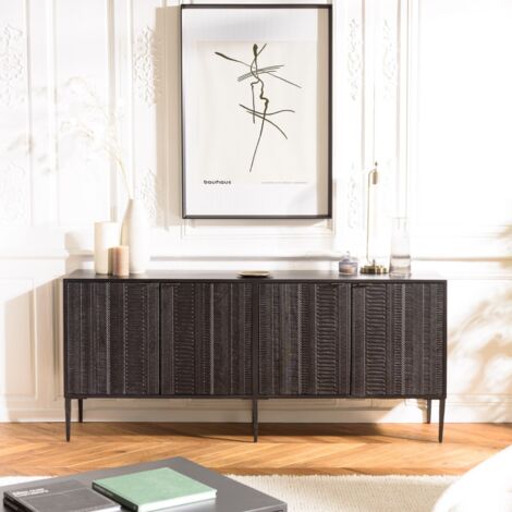 GLORIA - Buffet bois de manguier 4 portes sculptées noir