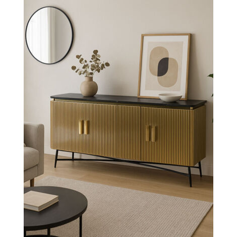 Glory - Grand buffet finition laiton vieilli avec plateau en marbre noir 160 cm