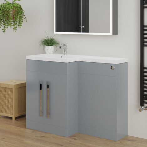 Gloss Grey L Shape Left Hand Bathroom Furniture Basin BTW Toilet Unit LH Combi Vanity Unit