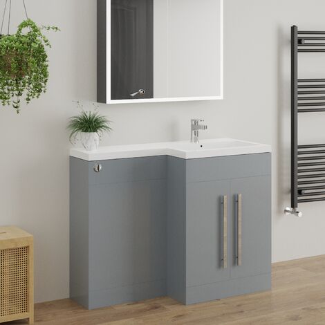 Gloss Grey L Shape Right Hand Bathroom Furniture Basin BTW Toilet Unit RH Combi Vanity Unit