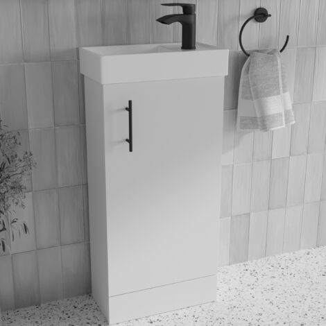 Gloss White 400mm Bathroom Cloakroom Vanity Unit Basin Sink with Black Tap Set