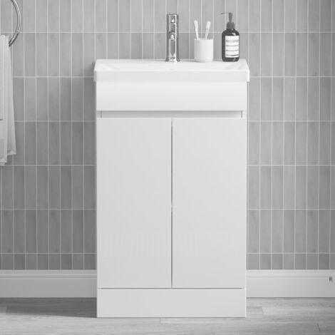 FNX BATHROOMS Gloss White 500mm Bathroom Vanity Unit Basin Sink Two Door Cabinet