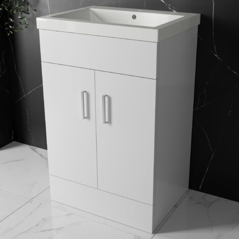 Gloss White 600mm Bathroom Vanity Unit Basin Sink Two Door Cabinet
