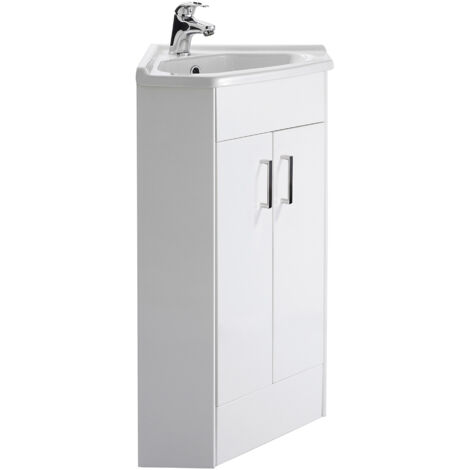 Gloss White Bathroom Corner Vanity Unit with Basin - Cloakroom Storage Under Sink Unit - 897mm x 590mm
