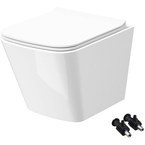 Gloss White Compact Rimless Square Wall Hung Toilet Pan with Soft Close Seat - Hidden Fixations