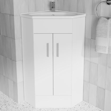 Gloss White Corner Bathroom Vanity Unit Basin Sink Two Door Cabinet