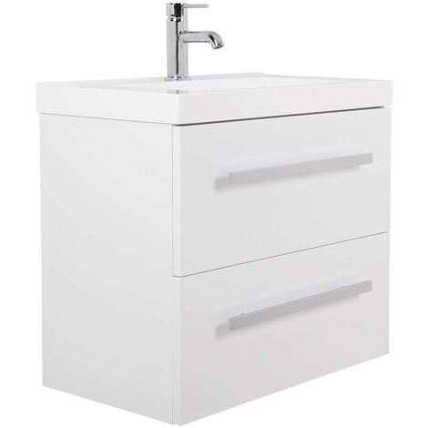 Gloss White Modern Bathroom Wall Hung Vanity Sink Unit 2 Drawers