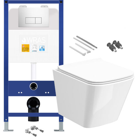Gloss White Rimless Compact Square Wall Hung Toilet with 1.10m Concealed Cistern Frame Set - Chrome Plate
