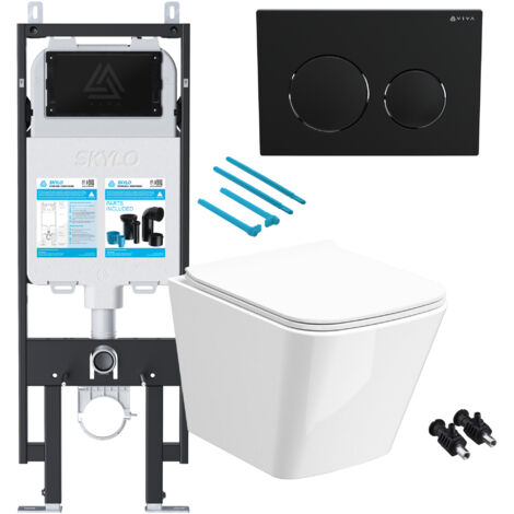 Gloss White Rimless Compact Square Wall Hung Toilet with 1.14m Concealed Cistern Frame Set - Black Plate