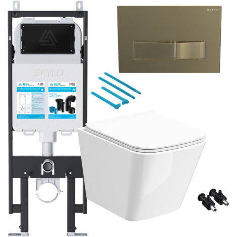 Gloss White Rimless Compact Square Wall Hung Toilet with 1.14m Concealed Cistern Frame Set - Brushed Brass Plate